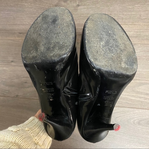 Fendi | Black Patent Leather Peep Toe Mesh Booties - Picture 6 of 10